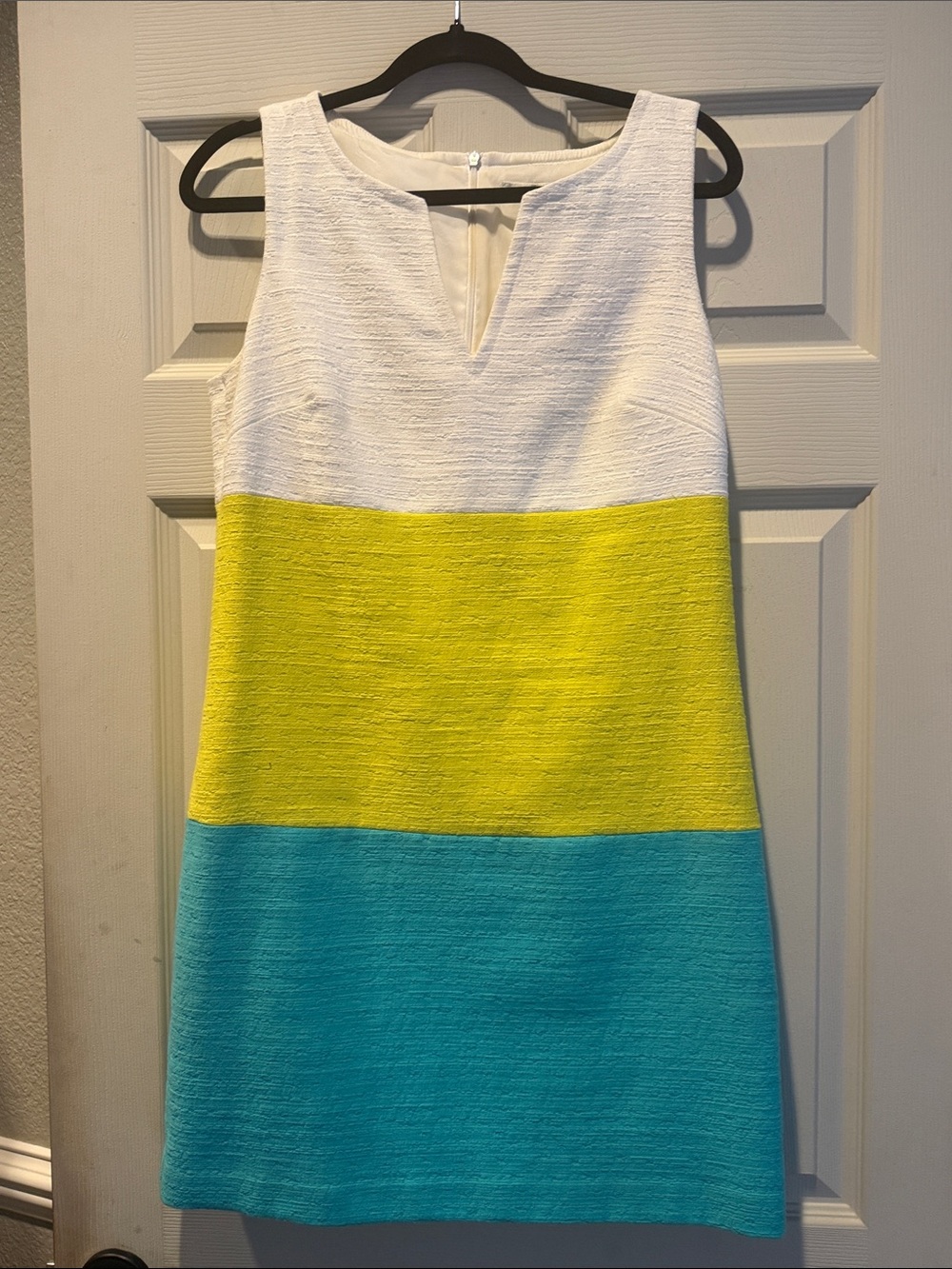 Trina Turk White, Yellow & Teal Colorblock Sleeveless Shift Dress